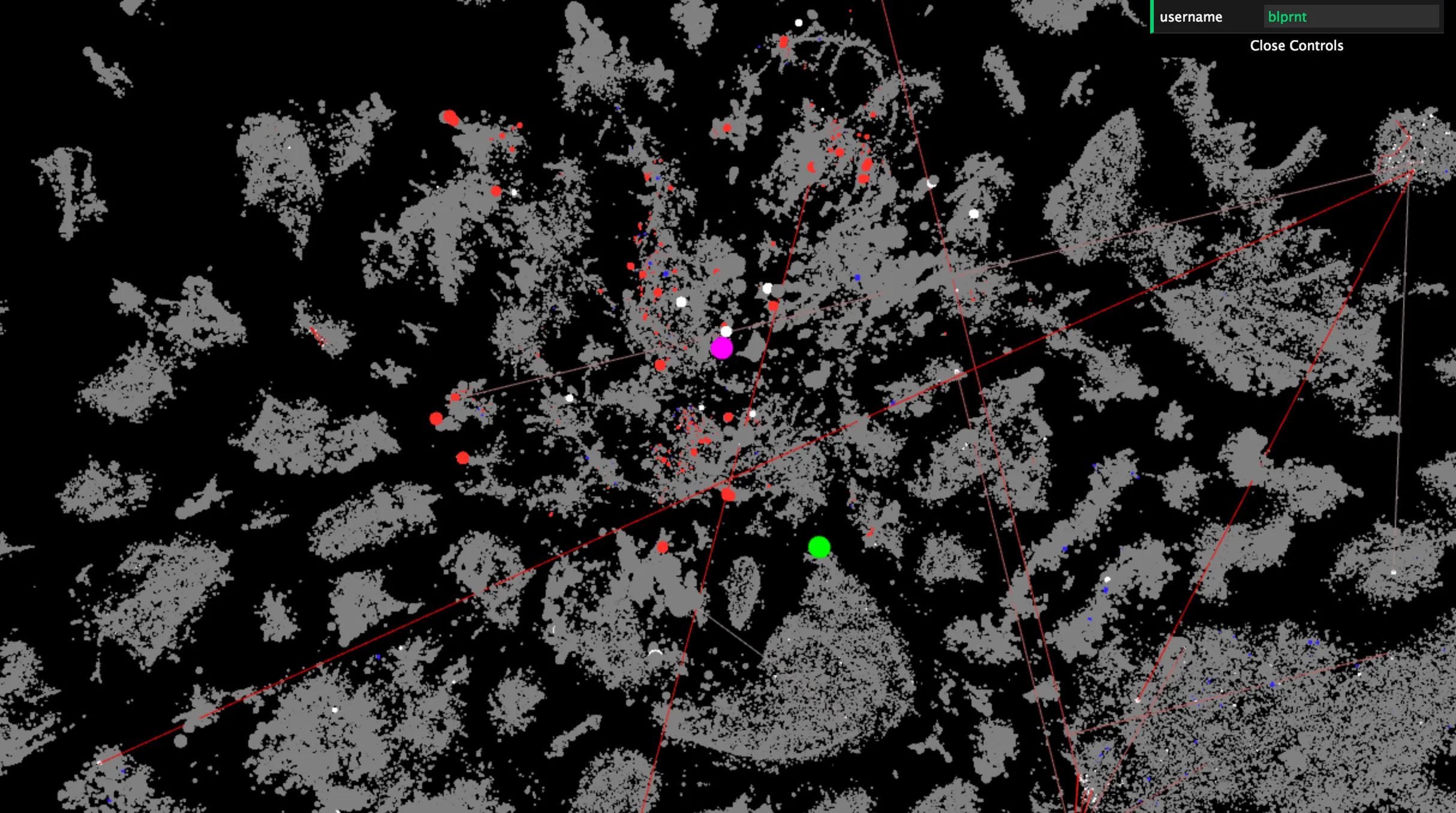 Very early prototype - red lines are replies between users. (threejs)